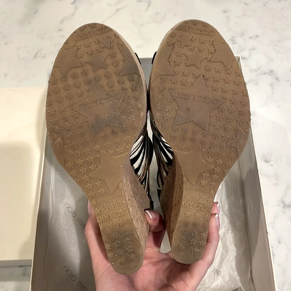 Jimmy Choo SUEDE/NAPPA/MIRROR BLACK Wedge - STYLE 121PEKABO Cork Wedges - Picture 3 of 9